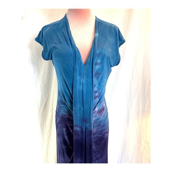 Size Large Urban X Maxi Dress Blue Purple Tie Dye Jersey Knit Ruched Front - Picture 2 of 11